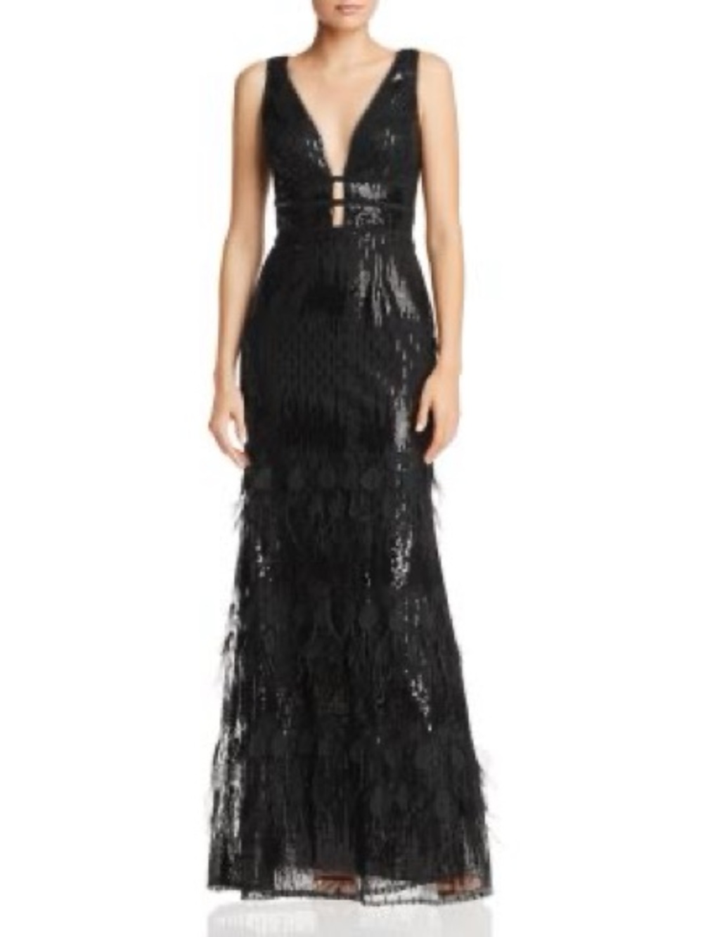 Black Sequin Plunge Maxi Dress with Feathered Skirt